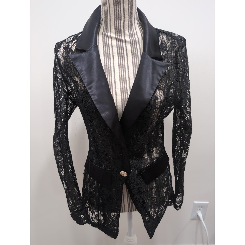 Black Lace Blazer Single Button Closure Sleek Lapel Whimsygoth Rocker Angel S‎